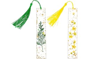 cobee Marcapáginas de flores secas de resina, 2 piezas transparentes prensadas hechas a mano, marcador de página floral con borla, bonito marcapáginas para mujeres y niños(Verde+Amarillo)