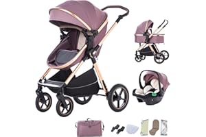 BEBBY Cochecito de bebé 3 en 1,Carrito Bebe 3 en 1 Con Asiento, Cochecitos Portátil Plegable Con, Carricoche Combinado Paisaje Alto Marco de Aluminio Para Recién Nacido (D2-Purple, H2-D)