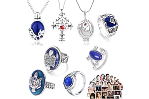 Zaky 38 Stück The Vampire Diaries Ring Halskette Schmuck Aufkleber Set Diaries Daylight Walking Signet Damon's Ring Daywalking Katherine Saphir Kristall Anhänger Halsketten Cosplay für Fans