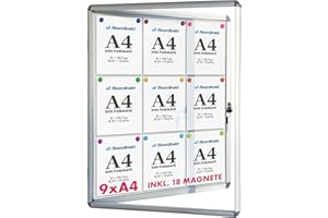 FLOORDIREKT Floodirekt - Cassetta vetrina da parete, 9 x DIN A4, con cornice in alluminio e vetro acrilico, con magneti, scatola di informazione e parete posteriore scrivibile