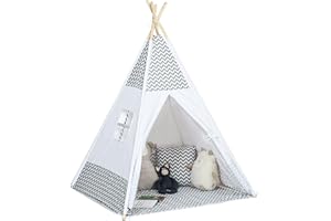 HOMCOM Tente Teepee Indien Tente de Jeu pour Enfant Style Graphique - dim. 1,2L x 1,2I x 1,55H m - Porte refermable Fenêtre Tapis Coussin Sac Transport Inclus - à l'Intérieur à l'Extérieur Gris Blanc