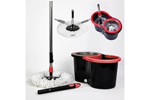 Meridiana - Spin mop Lavapavimenti Con Sistema di Strizzatura Manuale attivabile attraverso il Manico, Set per la Pulizia dei Pavimenti con Secchio e Cestello in ACCIAIO INOX, Panno 100% Microfibra