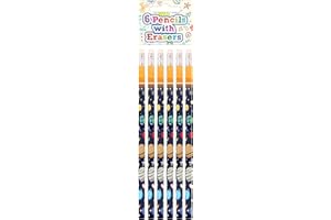HENBRANDT Children’s Space Pencils with Erasers Pack of 6 Kids Stationery Gift Birthday Xmas Party Favour Loot Bag Filler