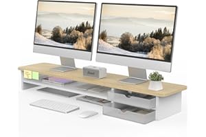 Fenge Réhausseur d'Écran d'Ordinateur avec 2 Tiroirs de Rangement en Acrylique Grand Moniteur Stand pour 2 Moniteurs,TV,PC,Imprimante, 108x23,5x14cm Blanc+Chêne