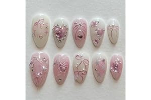 Yamobi 24 sztuki sztucznych paznokci z dodatkiem migdałów, miękkie paznokcie żelowe z perłami 3D, nude biały, francuski łuk 3D, kokardka kwiatowa, do przyklejenia na paznokcie, migdały, świeże