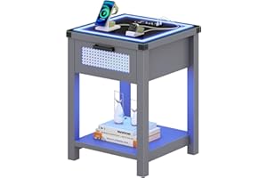Lvifur Tavolino da Letto Comodino LED con Stazione di Ricarica, 24 Colori Dimmerabile Comodino con Cassetti, TYPE-C USB Soggiorno Comodino Camera da Letto Sensore Automatico Grigio