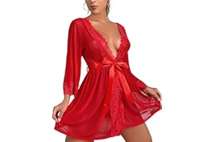 Tuopuda Negligee damska seksowna bielizna Babydoll, bielizna nocna, głęboki dekolt w serek, koszula nocna, koronkowa sukienka nocna, zestaw bielizny erotycznej, kimono, szlafrok poranny, krótki