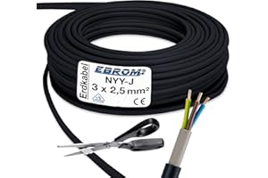 EBROM Kabel zasilający - NYY-J 3 x 2,5 mm² - kabel ziemny z tworzywa sztucznego - 25 m / 25 m / 25 metrów - czarny