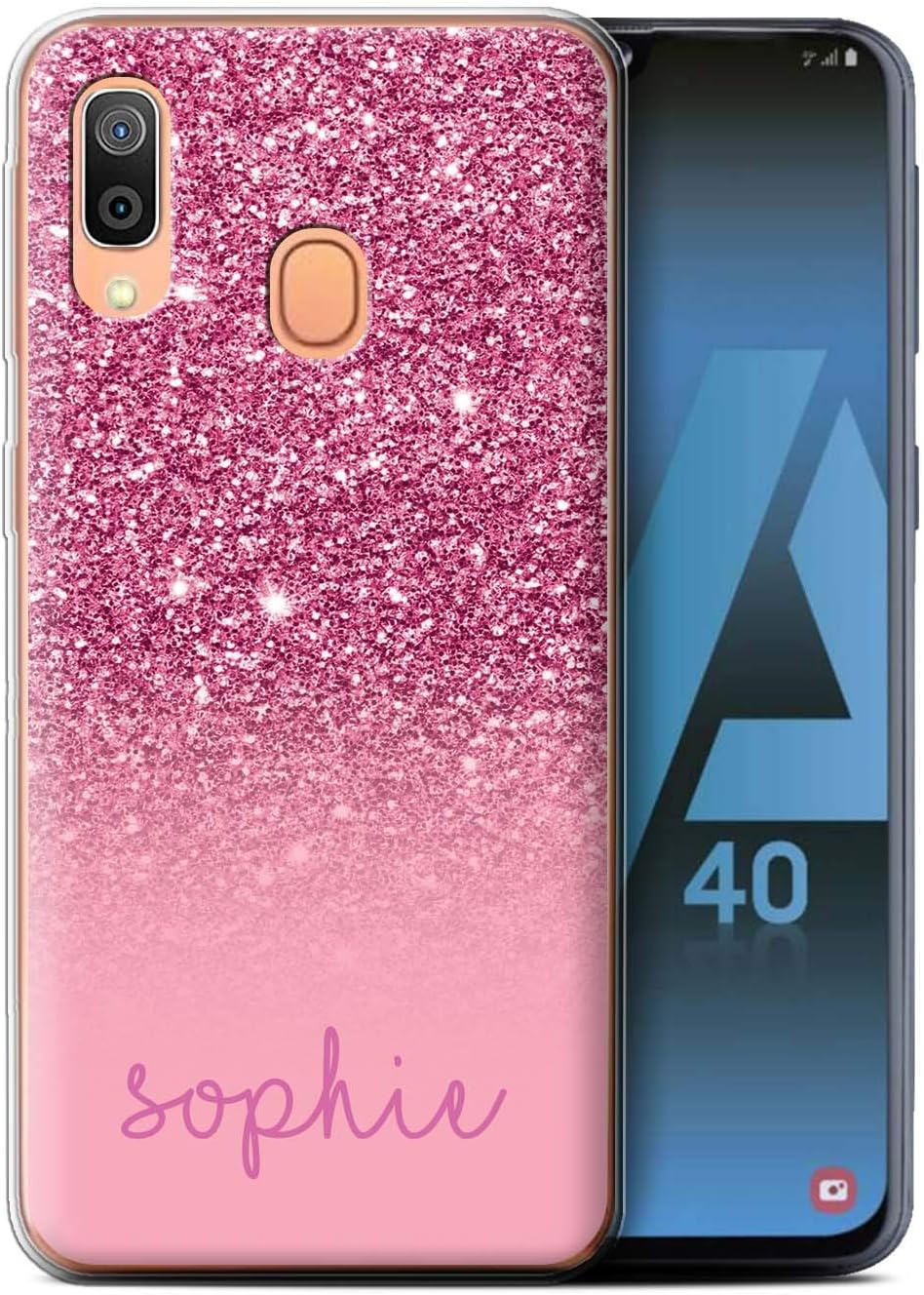 Stuff4 Personalised Phone Case for Samsung Galaxy A40 2019 Printed Custom Glitter Effect Pink Design Transparent Clear Ultra Soft Flexi Silicone Gel/TPU Bumper Cover