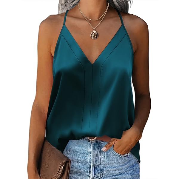 Ekouaer 3-pack dames zijden satijnen tanktops met V-hals, hemd met spaghettibandjes, losse mouwloze blouses, tankshirt S-XXL, M