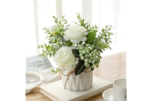 FREEBIZ Artificial Flowers with Ceramic Vase Faux Silk Rose Fake Plants in Pots Arrangement Indoor Decorations for Home Wedding Party White