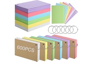 THBOXES A6 Ruled Index Cards, 600 Pcs Revision Cards with Metal Binder Ring, Colorful Flash Card Lined Note Cards Double Sided Record Cards for Home Office Work School