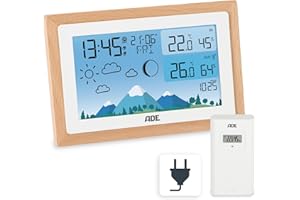 ADE Wetterstation Funk mit Außensensor | Innen- und Außentemperatur mit Wettervorhersage | Hygrometer und Barometer | Funkwecker mit 2 Weckzeiten | inkl. Batterie und Netzadapter