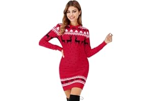Totatuit Christmas Jumper Dress for Women Novelty Reindeer Snowflakes Knitted Ladies Xmas Dress Long Sleeve Crew Neck Christmas Sweater Pullover Knitwear