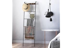 SHINOSKE Freistehende Handtuchleiter, Handtuchständer mit 5 Ebenen aus Metall, Leiterregal Handtuchhalter mit 5 Haken für Badetücher Kleidung Decken, Anlehnregal Kleiderständer für Bad Schlafzimmer, Schwarz