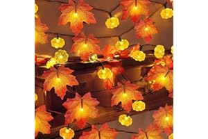 FPEAOB Jesienna dekoracja z liśćmi klonu, łańcuch świetlny, 6 m, 40 diod LED, zasilanie bateryjne, girlanda z dynią, liśćmi klonu, dekoracja na dożynki, Halloween