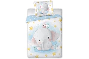 Arle-Living 3 TLG. Baby Kinder Bettwäsche Set - 100x135 cm + 40x60 cm + 1 Spannbettlaken in weiß 60x120-70x140 cm -100% Baumwolle (Elefant Sterne)