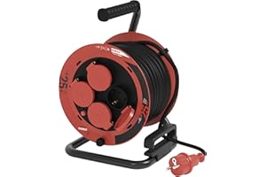 EMOS - Kabeltrommel 25m - 4 Schuko-Steckdosen mit erhöhtem Berührungschutz - wasserdicht & kältebeständig, schlagfest - 230V, 10A, 2300W - Gummi-Isolierung - H05RR-F3G 1,0 mm2 - IP44 für Außenbereich