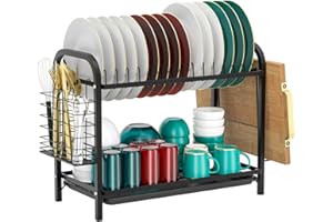 Averrex 2 Tier Dish Drying Rack with Drip Tray, Dish Drainer with Utensils Holder, Durable Stainless Steel Dish Rack for Kitchen Counter, Black
