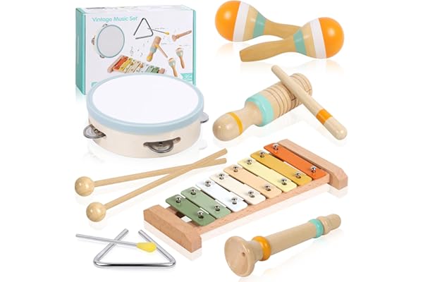Instrument de Musique Enfant, Jouet Bebe Musique Montessori, Batterie Xylophone Maracas Jouet Enfant en Bois, Instrument Percussions Cadeau Garçons Fille 1 2 3 an