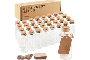 BLENKREBY BLIENKREBY 32 x Fiole en Verre, 40ml Mini Bocaux en Verre avec Bouchon, Contenant Dragées Baptême, Cadeau Mariage Fête Décoration, Mini Bocaux Bouchon Liège, Carte, Ficelle
