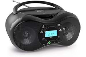 JOVELL Lecteur CD Portable avec Bluetooth, Radio FM Poste CD Portable Enfants Boombox Stéréo avec Son Cristallin 2x3W, Entrée USB et AUX, Prise Casque, Mode Veille, Compatible CD MP3 WMA (Noir)