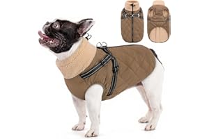 Queenmore Waterproof Dog Coat with Harness - Windproof Fleece Jacket for Snowy Rainy Weather French Bulldog Cocker Spaniel Whippet(Brown, L)