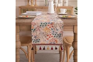 Clothfuna Spring Flower Dining Table Runner, Vintage Floral Coffee Table Runner, Colorful Blooming Flower Pattern with Tassels for Party Holiday Outdoor, 33x220 cm/ 13x87 inch