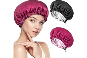 KIIWAH 2 Pièces Bonnet Soie Satin de Sommeil Cheveux Nuit, Réglable avec Cordon, Couche Double Pour Douche pour Femmes Filles