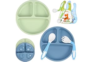 twocolur 2 jeux Assiette Silicone Bébé avec Ventouse, Assiette Bébé Design de Séparation avec Ustensiles et Bavoirs, sans BPA, passe au micro-ondes et au lave-vaisselle, sevrage & alimentation faciles