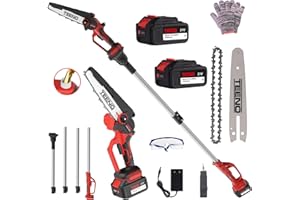 Scie à chaîne télescopique TEENO, scie à chaîne électrique, scie à chaîne électrique 2 en 1, perche télescopique, 6 pouces, 2 batteries 4000 mAh, 2 guides-chaînes 6 pouces et 2 chaînes