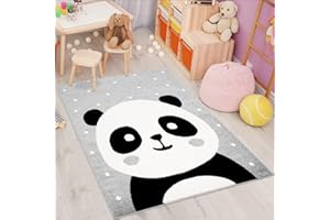 carpet city Tapis Bubble pour enfants - poils courts, motif panda, pour chambre d'enfant, pois blancs - bleu pétrole, gris, beige