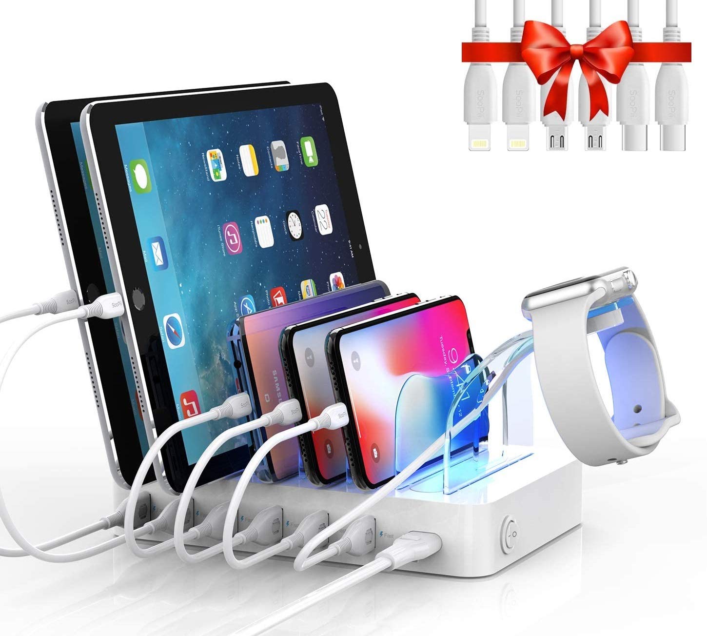 SooPii Premium 6-Port USB Charging Station Organizer for Multiple Devices, 6 Short Charging Cables and One Upgraded i-Watch Charger Holder Included, for Phones, Tablets, and Other Electronics.