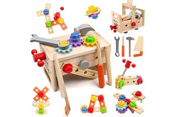 Träleksaker från 3 År, DIY 29 Delar Träleksak med Verktygslåda, Montessori Leksak för Finmotorik, Verktygsset i Trä, Present för Pojkar och Flickor 3–7 År