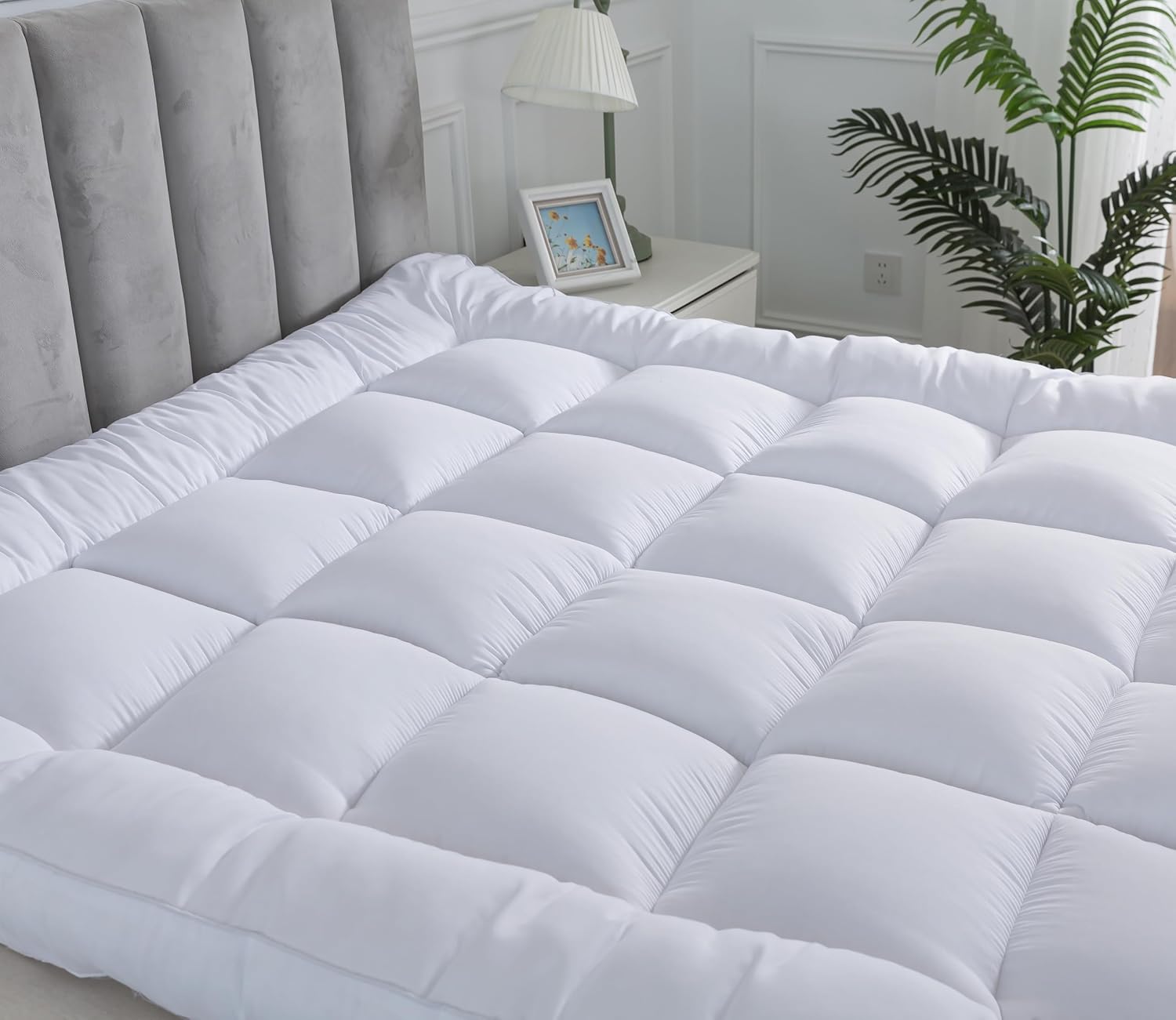 Arlinens Mattress Topper king size Bed Hotel Quality Box Stitched Microfibre Mattress Topper 5cm Super soft Heavy Fill Orthopaedic Anti Allergy Quilted Mattress Topper (King, 150cm X 200cmx5cm)
