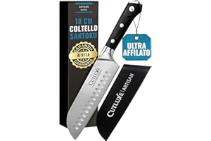 Cutluxe Coltello Santoku - 18cm Coltello Giapponese Professionale Con Guaina - Acciaio al Carbonio, Lama Affilata e Resistente - Artisan Series
