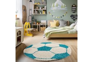 ‎HOMEBYHOME HomebyHome Runder Kinderteppich Hochflor Langflor Shaggy Fusball Design Kinderzimmer Babyzimmer Spielzimmer 30 mm Florhöhe Flauschig Weich Rund, Farbe:Türkis, Grösse:120 cm Rund