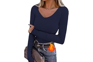 Wayleb Thermoshirt Damen Langarm V-Ausschnitt Daumenlöcher Thermal Laufshirt für Jogging Yoga Innenfleece Thermooberteile Frauen Top
