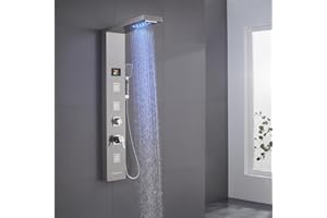 KINKIBOS Shower Tower with Mixer, 5-Function Shower Column with LED Temperature Display Rain＆Waterfall Shower, Massage Jets, Handset and Bath Spout, Shower Panel 304 Stainless Steel, Brushed