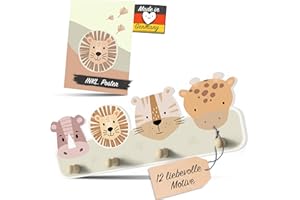 Kindsblick® "Safari Natur Kindergarderobe in Naturfarben inkl. A4 Poster - Garderobe Kinder Edition mit 4 Haken - Wunderschöne Kinder Garderoben Deko - Kinder Garderobe Maße (38 x 15 x 5 cm)