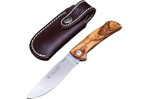DON FILO Navaja Cudeman 389-JM Mini Pandora con hoja de acero Böhler N690Co de 8 cm y empuñadura de juma, olivo o nogal de 10 cm para Caza, Pesca, Supervivencia + Portabotellas Regalo (Olivo CON funda)
