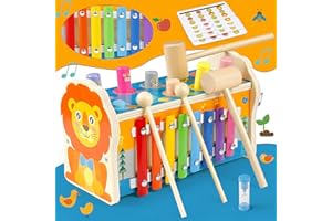 Teklemon Jouet Enfant en Bois, 3 in 1 Marteau en Bois Jouet, Xylophone Instrument Musique Banc à Marteler, Jeu Motricité Fine & Jeu de Match de Numéro, Jeux Montessori Educatif pour Enfant