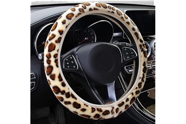 Housse de Volant Voiture Pelucheuse Motif Léopard | Antidérapante, Chaude pour l’Hiver, Compatible avec la Plupart des Volants de 36 à 38 cm