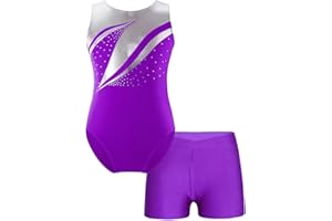 ranrann Enfant Fille Justaucorps Gymnastique Métallique Strass sans Manches Tenue Patinage Artistique Danse Brillant avec Short de Sport Costume Dancewear 5-16 Ans