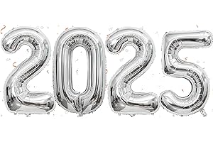 Conruich Silvester Deko 2025 Luftballon, Luftballons 2025 Neujahr Silvester Deko Silber, Neujahr Deko Ballon 2025, Silber Folienballon Zahl 2025 für Jahreswechsel Neujahr Silvester Party Dekorationen