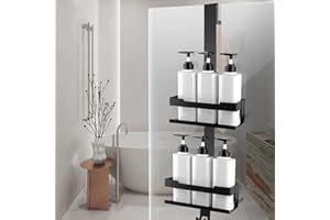 ILIKEPOW Shower Organizer Hanging Stainless Steel Double Layer Shower Shelf Bathroom Caddy Basket for Glass Door Shower Screen Matte Black with 4 Detachable Hook