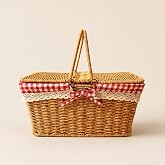 Poomy Hasır Piknik Sepeti, Kırmızı Ekoseli ve Dantelli Kapaklı Taşıma Sepeti, 39x27x18 cm Ahşap G&ouml;r&uuml;n&uuml;ml&uuml; Piknik &Ccedil;antası, Kah