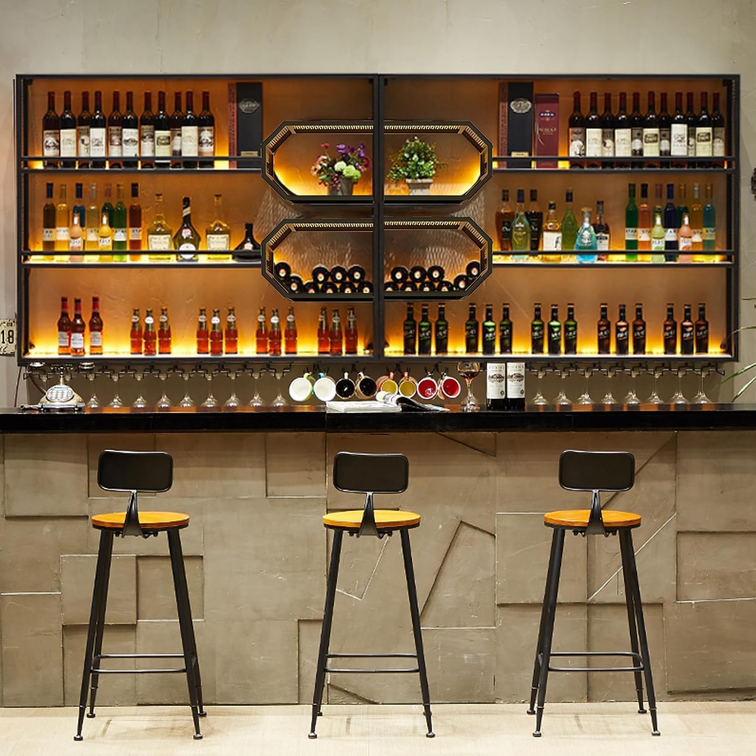 AUSKLEZU 201CMBotellero de Pared Grande con Iluminación LED, Organizador de Bar de 3 Pisos con Soporte para Copas, Soporte para Botellas de Alcohol Estilo, Decoración para Bar en Casa (Negro, 201cm)