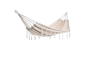 Detex Hamaca de algódon con Flecos Crema Carga máx de 300 kg para 2 Personas 320x150 cm para su jardín terraza Camping