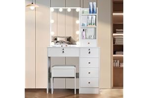 Saihemei Vanity Desk with 6 Drawers and LED Lights, Dressing Table with Adjustable Brightness Mirror and 3 Lighting Modes, Makeup Table with Shelves and Stool for Girls
